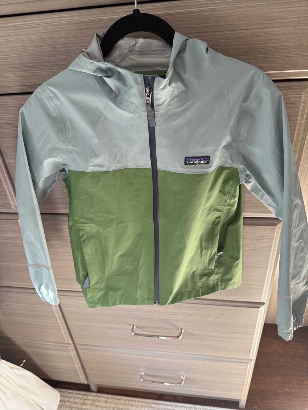 Patagonia Kids Two-Tone Light Sage and Green Rain Jacket